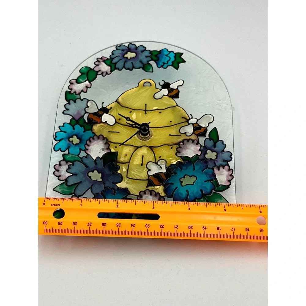 Glass Beehive Clock Floral Design Tabletop‎ Desk Accent Yellow Blue